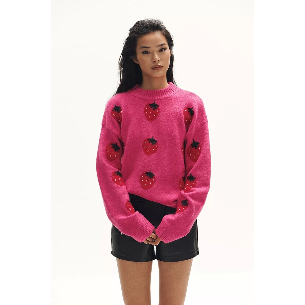 NWT Anthropologie x English Factory Pink Strawberry Sweater XS Preppy Cozy